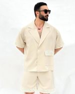 ست پیراهن کتی و شلوارک استخوانی